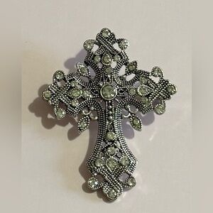 Beautiful Silver Cross Brooch with Rhinestones